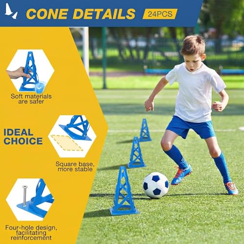 24 Pack Soccer Cones, 9 Inch Agility Cones for Soccer, Football, Basketball, Cones for Sports Training, Speed & Agility Drills, Field Marking Equipment - color: blue