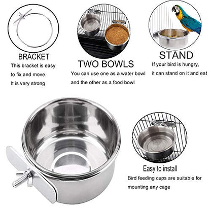 PINVNBY Parrot Feeding Cups Birds Food Dish Stainless Steel Parrot Feeders Water Cage Bowls with Clamp Holder for Cockatiel Conure Budgies Parakeet Parrot Macaw Small Animal Chinchilla Pack of 2