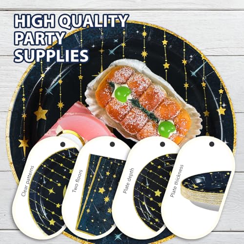 Grencian Gold Star Moon Party Supplies - 96Pcs Moon and Stars Party Supplies Plates and Napkins Navy Blue Celestial Hanging Crescent Disposable Tableware for Celestial Birthday Decorations Serve 24 - style: Navy Blue Stars Moon Sets