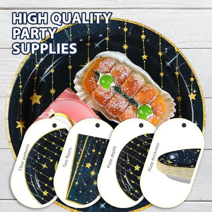 Grencian Gold Star Moon Party Supplies - 96Pcs Moon and Stars Party Supplies Plates and Napkins Navy Blue Celestial Hanging Crescent Disposable Tableware for Celestial Birthday Decorations Serve 24 - style: Navy Blue Stars Moon Sets
