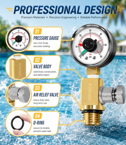 98209800 High Flow Manual Relief Valve/Air Relief Manual Valve Assembly with Pressure Gauge, Replacement for Pool and Spa Filter (RV40600 (98209800 brass)) - style: RV40600 (98209800 brass)