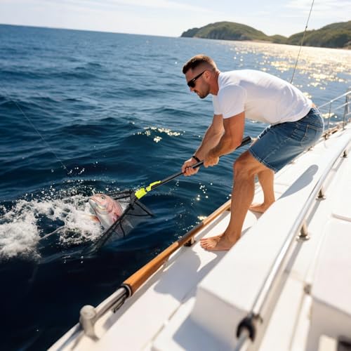 SANLIKE Foldable Fishing Landing Net, Telescopic Aluminum Pole Fishing Net | Fast folding fishing landing net for easy carrying,soft mesh safeguards fish during freshwater lake, river and pond shore - size: 98 inch
