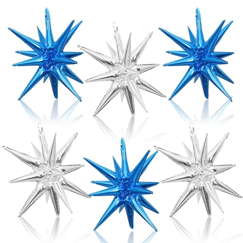 Blue Silver Star Balloons, 6PCS 22 Inch Foil Explosion Star Balloons - color: Blue Silver