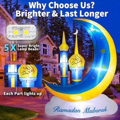 5FT Ramadan Decorations Inflatable Outdoor, Ramadan Mubarak & Eid Mubarak Moon Cloud Star Mosque Decor with Built-in LED Lights, Muslim Islamic Blow Up for Home Yard Garden Party Lawn - style: 5FT Ramadan Mosque Moon