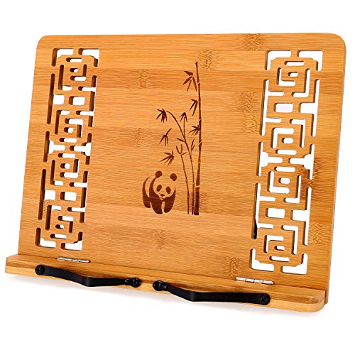 MEGREZ Bamboo Book Stand (13.2 x 9.4 inch) for Reading, Kitchen Cookbook Holder, Adjustable for Tablet/Textbook, Hollow Bookrest, Panda - color: Panda