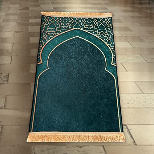Rectangle Muslim Prayer Rug Decoration Embroidered Ramadan Gift Elegant Soft for Eid Bedroom Adult Kids Meditation Indoor Outdoor, Green