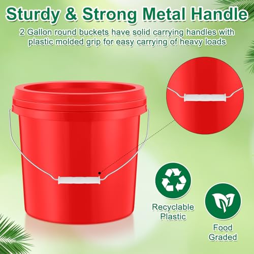 Tioncy 10 Pcs 2 Gallon Plastic Buckets with Lids and Handles,Red | Storage Pails for Paint, Cleaning, Organizing, Durable Containers, Metal Handles, Plastic Material - color: Red