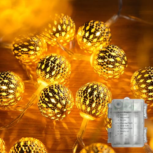 String Lights Indoor 20 LED Moroccan Fairy Lights Battery Operated with 8 Modes Outdoor Waterproof Globe Light for Home Patio Wedding Diwali Christmas Decor, Warm White - color: Gold 20 LED, size: Battery box