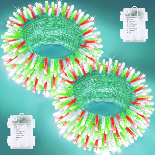 2 Pack 200LED Battery Operated String Lights, 8 Modes Christmas Lights - color: Red Green and White, size: 2PK(100LED)