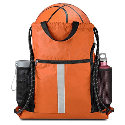 BeeGreen Orange Drawstring Backpack Bag Cinch Sack with Shoe Compartment and Two Side Mesh Pockets Lightweight Large Sturdy Drawstring Gym Sackpack For Unisex - color: Orange, style: Drawstring With Shoe Compartment