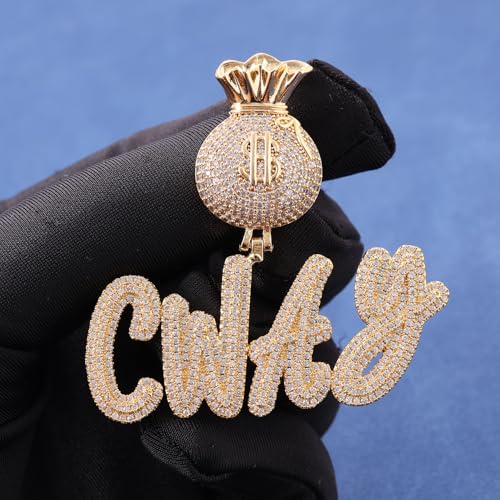 Lulu Mel Iced Out Personalized Cursive Name Necklace For Trendy Women, Custom Handmade Nameplate Pendant With Cuban Link Chain, White Gold Plated Hip Hop CZ Diamond Jewelry Gifts - color: Gold/Money Bag Bail