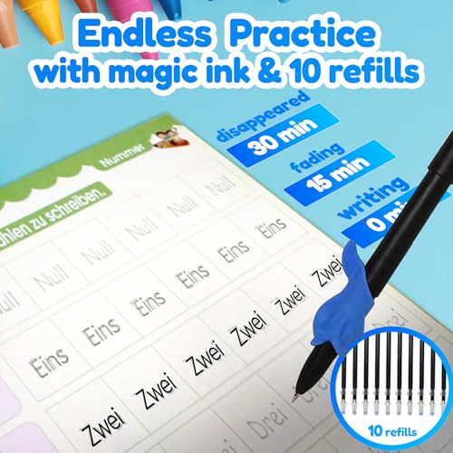 4 Magic Tracing Practice Books – Grooved Handwriting German Copybooks for Kids, Reusable Writing Practice Workbooks Without Tears, Disappearing Ink for Toddlers Preschool Learn (German) - color: German