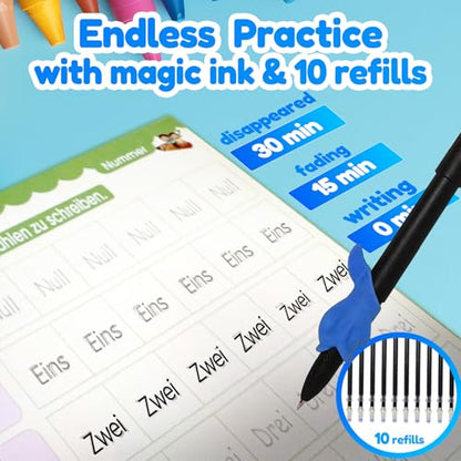 4 Magic Tracing Practice Books – Grooved Handwriting German Copybooks for Kids, Reusable Writing Practice Workbooks Without Tears, Disappearing Ink for Toddlers Preschool Learn (German) - color: German