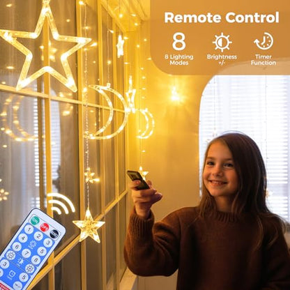 Ramadan Solar Icicle Lights,10.8ft 138 LED Outdoor Waterproof Moons Stars Curtain Window String with 8 Modes Timer Remote,USB Rechargeable Connectable Warm White Hanging Decor for Patio