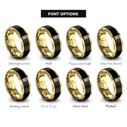 Gift for Muslim Devotee - Prayer Rug Pattern Ring - Black Yellow Rose Gold - Band - Anniversary Wedding - Personalized Custom Engraving - Flat Dome Bevel - 8mm - Men Women - Tungsten Carbide - color: 08 - Yellow Gold Black Tungsten