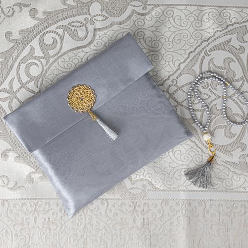 Modefa Islamic Prayer Mat Muslim Gifts - Thin Travel Muslim Prayer Rug in Taffeta Gift Bag with Tasbih Beads Prayer Matt Islam - Chenille Turkish Praying Carpet - Ramadan Gifts (Gray) - color: Grey