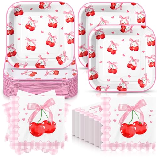 Zhehao 72 Pcs Pink Bow Cherry Plates and Napkins Set Serve 36, 7" Square Cherry Party Supplies Disposable Dinnerwares for Baby Shower Coquette Birthday Holiday Party Supplies - style: Pink Bow Cherry