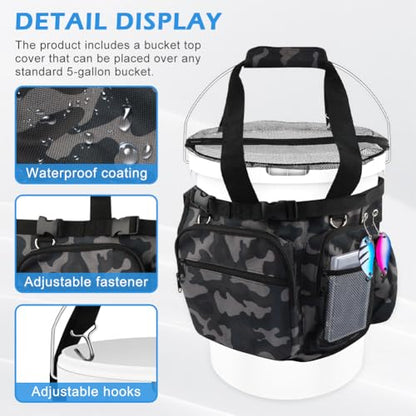 Fishing Bucket Organizer for 5 Gallon Bucket,Outdoor Ice-Fishing Tackle Bag with Bait Buckets Cover,Adjustable Buckle,Multi-Pockets for Fishing Gear & Accessories Storage