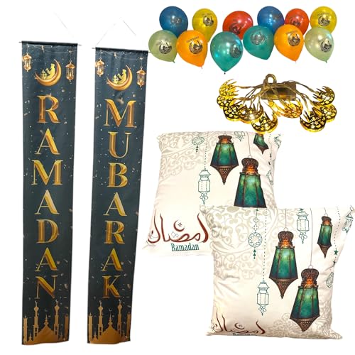 Ramadan Mubarak Banner Hanging Decor and Multi-Color Ramadan Kareem Balloons for Indoor Outdoor Decoration Islamic Muslim Party Supplies + 2 Cushion Covers 16pcs/set Banner: 72"x12" (RM+BLN+2CSHN CVR)