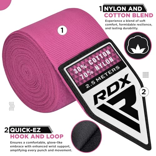 RDX Boxing Wraps Kids 2.5M Inner Gloves, Elasticated Thumb Loop Bandages, Junior Under Mitts Hand Fist Protector Wrist Support Straps, Muay Thai MMA Kickboxing Martial Arts Speed Bag Punching Training - color: PINK