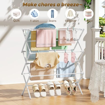 KINGBOARD Clothes Drying Rack, Collapsible Drying Rack Clothing with 11 Poles, 3-Tier Laundry Drying Rack, Small Clothes Drying Rack Foldable for Baby Clothes Sock Towel, 25lb Capacity, White - color: White