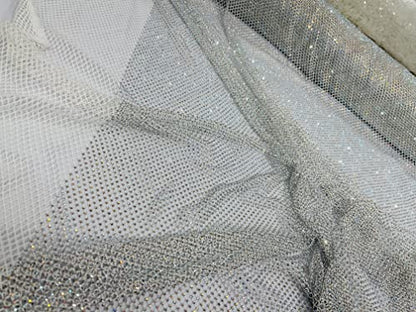 New Creations Fabric & Foam Inc, 45" Wide AB Iridescent Rhinestone On Soft Stretch Fish Net Fabric by The Yard (1 Yard, Iridescent Rhinestones on White Mesh) - color: Iridescent Rhinestones on White Mesh