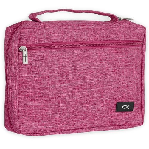 Christian Art Gifts Polyester Bible Cover for Men & Women w/Jesus Fish Patch, Secure Zipper Pocket, Pen Loops, Easy Carry Book Case for Stationery, Accessories, Pink, Small - color: Pink/Jesus Fish, size: Small