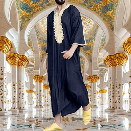 Muslim Robe for Men Arab Long Sleeve Kaftan Islamic Arabic Abaya Silk Thobe Ramadan Middle East Islamic Cloth Shirt Gown - color: #01-navy, size: Medium