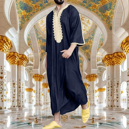 Muslim Robe for Men Arab Long Sleeve Kaftan Islamic Arabic Abaya Silk Thobe Ramadan Middle East Islamic Cloth Shirt Gown - color: #01-navy, size: 4X-Large
