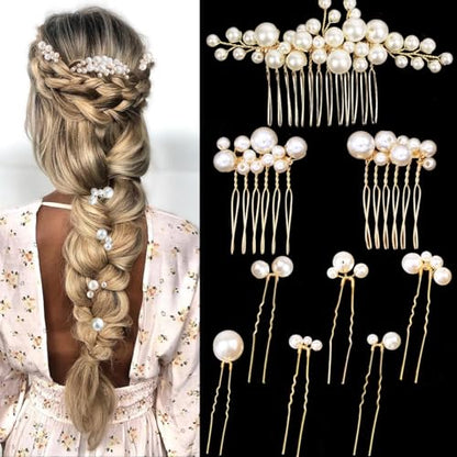 9PCS Gold Wedding Bridal Pearl Hair Pins Clips Vintage Hair Headpiece Jewelry for Bridesmaids Brides Flower Girls Hair Accessories(Pearl Style)