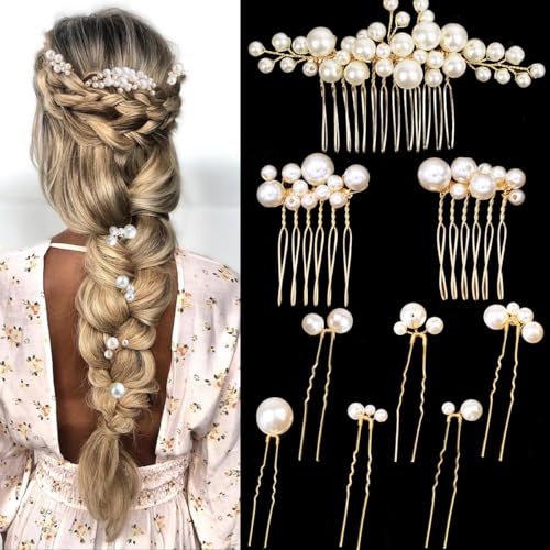 9PCS Gold Wedding Bridal Pearl Hair Pins Clips Vintage Hair Headpiece Jewelry for Bridesmaids Brides Flower Girls Hair Accessories(Pearl Style)