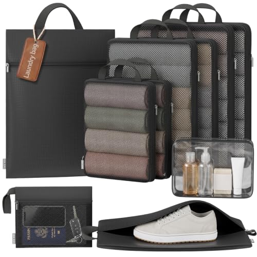 10 Set Compression Packing Cubes for Travel Essentials Luggage, Mesh Collapsible Packing Cubes for 26 Inch Luggage, Expandable Travel Packing Organizers with Shoe Laundry Bag (Black, 26") - color: Black, size: For 26" Luggage