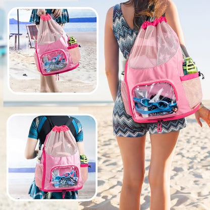 Mesh Drawstring Backpack with Shoe Compartment, Sandproof Beach Swim Bag with Wet Pocket, Pool Gym Shower Bag for Travel Summer Camp - color: Pink, style: Style a
