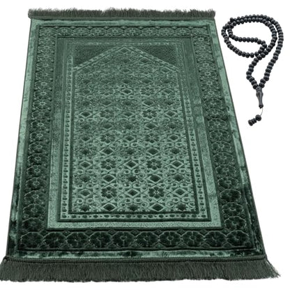 Modefa Velvet Prayer Rug - Soft Plush Turkish Janamaz Sajada Carpet for Men and Women - Plain Solid Prayer Mat Ramadan Eid Gift - with Prayer Beads - Luxury Floral Stamp (Dark Green) - color: Dark Green