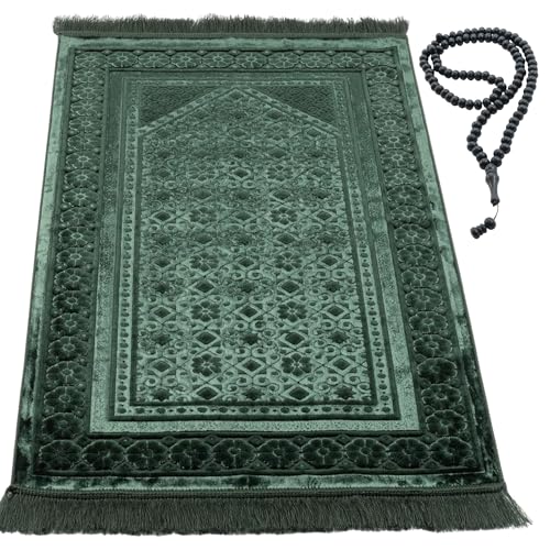 Modefa Velvet Prayer Rug - Soft Plush Turkish Janamaz Sajada Carpet for Men and Women - Plain Solid Prayer Mat Ramadan Eid Gift - with Prayer Beads - Luxury Floral Stamp (Dark Green) - color: Dark Green