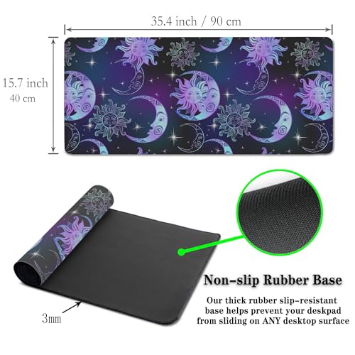 Gaming Mouse Pad Purple Desktop Mat Extra Large Mouse Pads Computer Desk Mat Pc Gaming Mat Waterproof Non-Slip Rubber Base 35.4" X 15.7" for Game Office, Magical Sun and Moon Stars - color: Magical Night