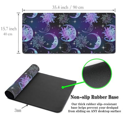 Gaming Mouse Pad Purple Desktop Mat Extra Large Mouse Pads Computer Desk Mat Pc Gaming Mat Waterproof Non-Slip Rubber Base 35.4" X 15.7" for Game Office, Magical Sun and Moon Stars - color: Magical Night