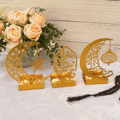 3 Pcs Gold Metal Ramadan Decorations for Home 2026, Eid Mubarak Kareem Sign Islamic Table Centerpiece Fireplace Decor, Arabic Crescent Moon Stand Lantern Star Candle Holders, Muslim Gifts