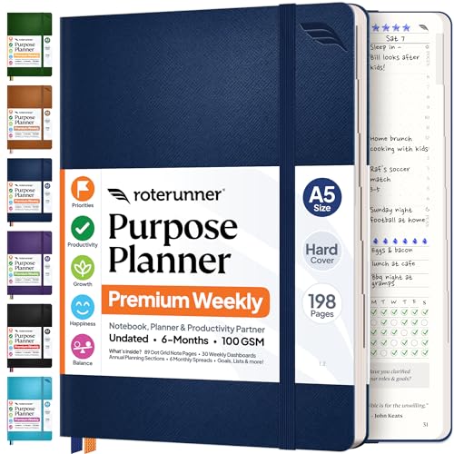 Purpose Planner Notebook A5 5.8”x8.3” Undated 2026 Daily Weekly and Monthly Productivity Goal Setting Tool for Work Home ADHD Planner for Adults Self Care Journal (Navy Hardcover) - color: Navy, size: A5 Hardcover