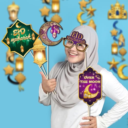 25 Pcs Ramadan Mubarak Photo Booth Props for Ramadan Mubarak Party Decoration Supplies, Eid Moon Lantern Festival Selfie Props Photography Backdrop Decorations for Eid Ramadans Mubaraks Party Favors