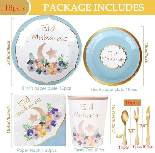 Eid Mubarak Tableware Set for Ramadan Mubarak Table Decorations Supplies Muslim Happiness Ramadan Dessert Plates Eid Al-fitr Party Napkins Forks for 16 Guests Ramadan Party Favors (Blue)