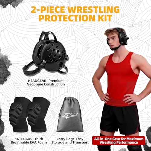 Wrestling Protective Gear Set for Youth & Adults – Adjustable Headgear with Knee Pads, 11 Hole Design for Breathable and Shock-Absorbent, Includes Carry Bag for Convenience - size: Small