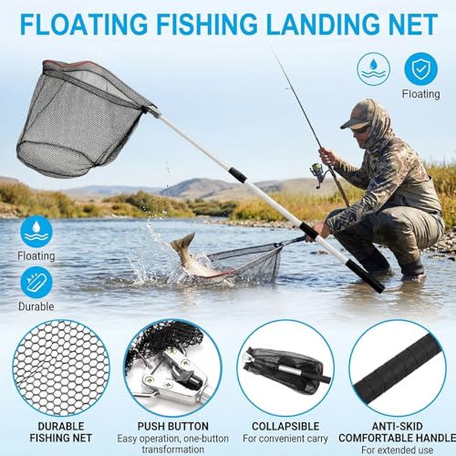 2 Pack Fishing Net with Telescopic Pole Handle, Fish Landing Net with Sturdy Collapsible Handle, Folding Nylon Mesh Landing Net for Saltwater and Freshwater, Extend to 51 in(Black, White)