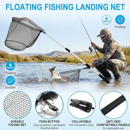 2 Pack Fishing Net with Telescopic Pole Handle, Fish Landing Net with Sturdy Collapsible Handle, Folding Nylon Mesh Landing Net for Saltwater and Freshwater, Extend to 51 in(Black, White)