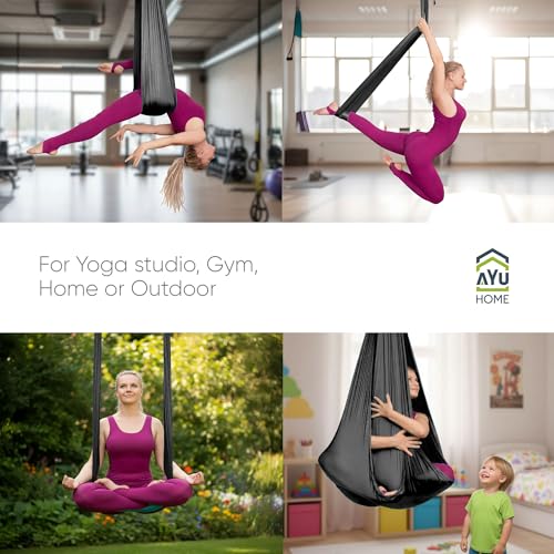 AyuHome Aerial Silks Kit for Home - Premium Yoga Swing for Adults with 660 lbs Capacity - Versatile Aerial Yoga Hammock for Gymnastics Training - color: Aerial silk - Black