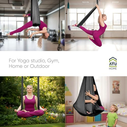 AyuHome Aerial Silks Kit for Home - Premium Yoga Swing for Adults with 660 lbs Capacity - Versatile Aerial Yoga Hammock for Gymnastics Training - color: Aerial silk - Black