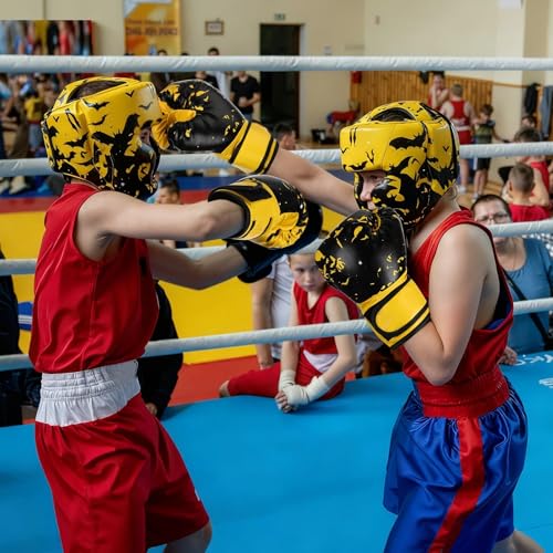 Arrowbash Boxing Headgear and Gloves Set for Kids 6oz Boxing Gloves and Wrestling Headgear Sparring Equipment for Boxing Kickboxing Muay Thai BJJ Karate Training - color: Yellow & Black, style: Bat