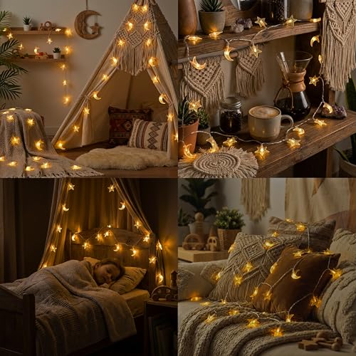 Whimsigoth Star and Moon Decor String Lights, Indoor Bedroom Classroom Dorm Patio Party Wedding Decor, Warm White (9ft Battery Powered) - size: 9ft Battery
