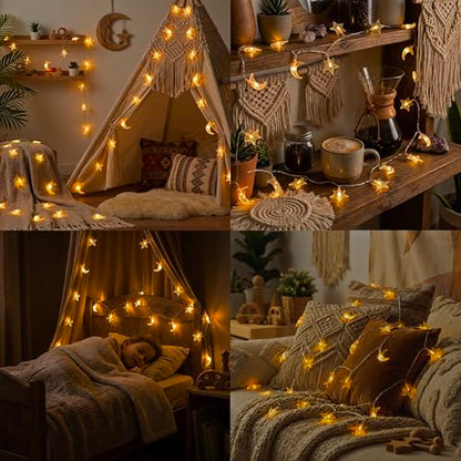 Whimsigoth Star and Moon Decor String Lights, Indoor Bedroom Classroom Dorm Patio Party Wedding Decor, Warm White (9ft Battery Powered) - size: 9ft Battery