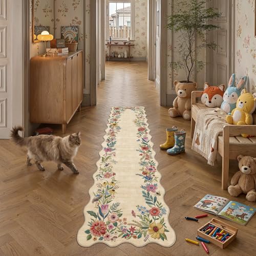 2x10 Floral Beige Scalloped Runner Rug - color: Beige, size: 2' x 10' (Scalloped)